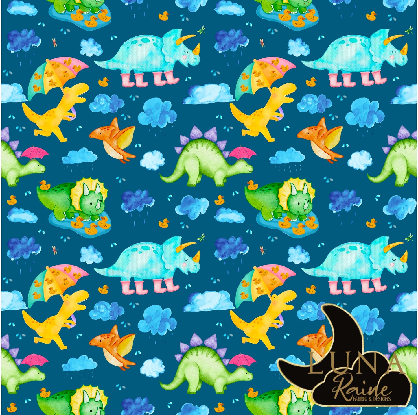Rainy Day Dinos on Darker Blue