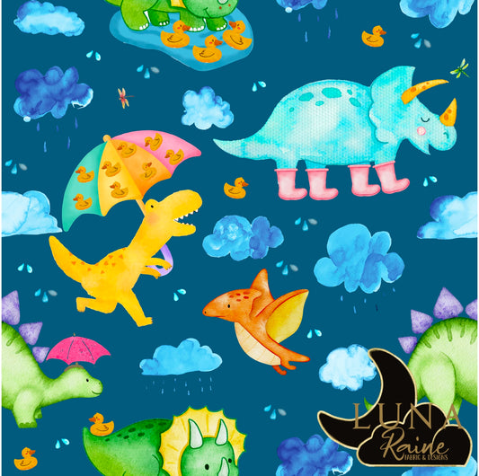 Rainy Day Dinos on Darker Blue